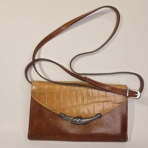 Brighton Brown Leather Crossbody Wallet Handbag Croc Trim Adjustable Strap 4.5x7